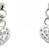 Sterling silver heart shape drop earrings with white crystals