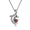 Sterling Silver Dolphin Pendant with Genuine Garnet Heart and Diamond Accent